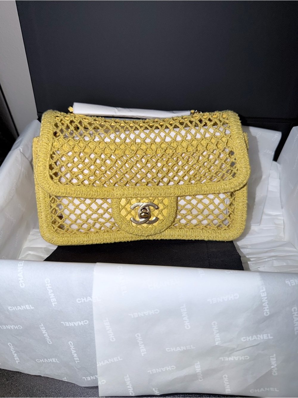CHANEL Coco Beach 2026 Yellow Crochet Flap Shoulder Bag with Gold CC Turnlock